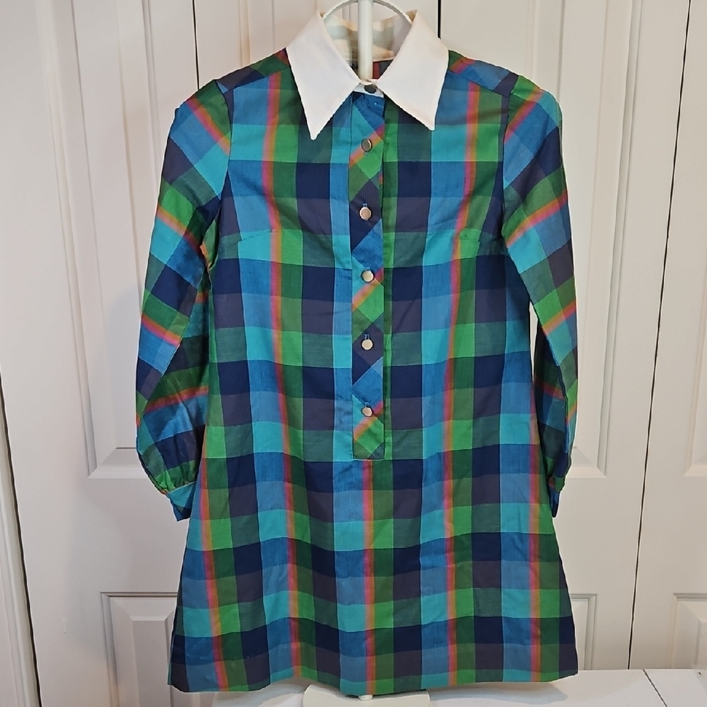 Cinderella Multicolor Plaid Button Down   Dress 12 Vintage 1980s Longsleeve